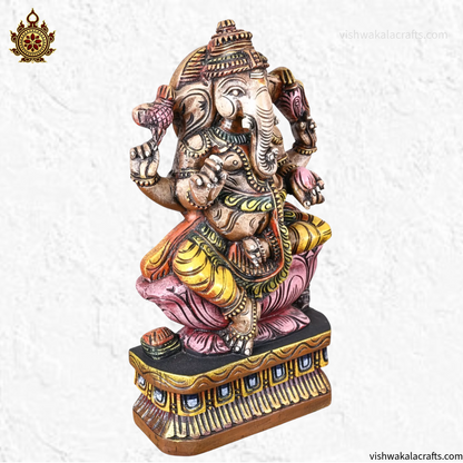 Decorative Wooden Ganesh Idol Hand Painted Finish 18''
