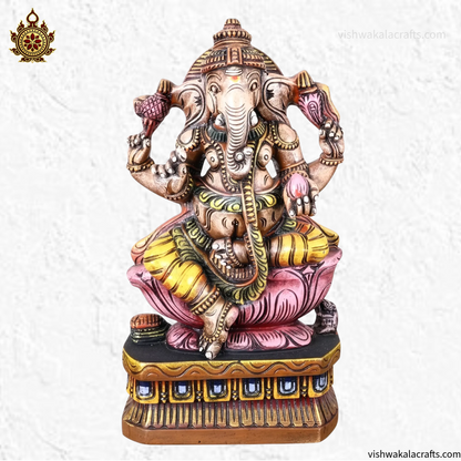 Decorative Wooden Ganesh Idol Hand Painted Finish 18''