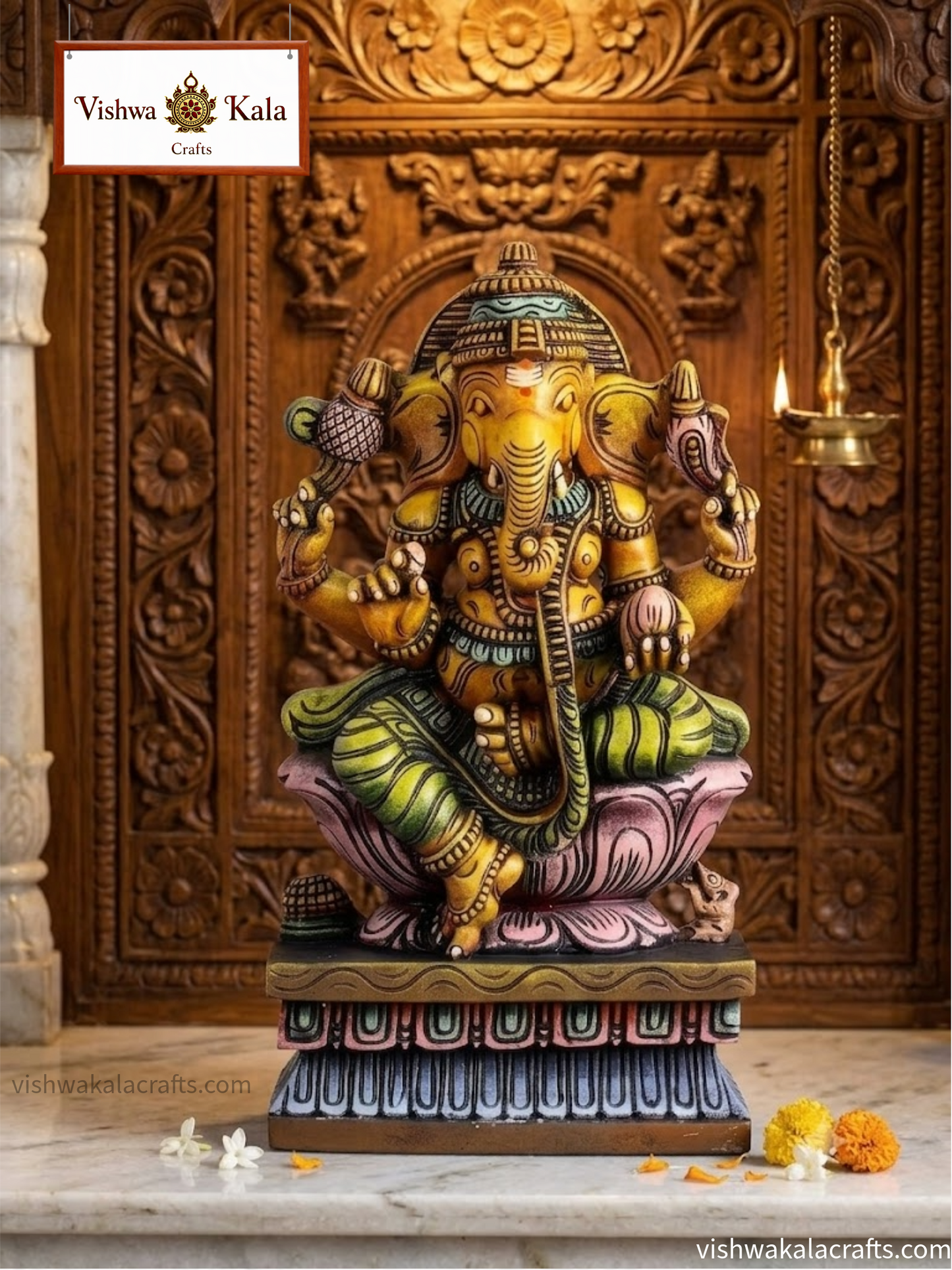 Traditional Antique Finish - Handcrafted Wooden Lord Ganesha Statue 18"
