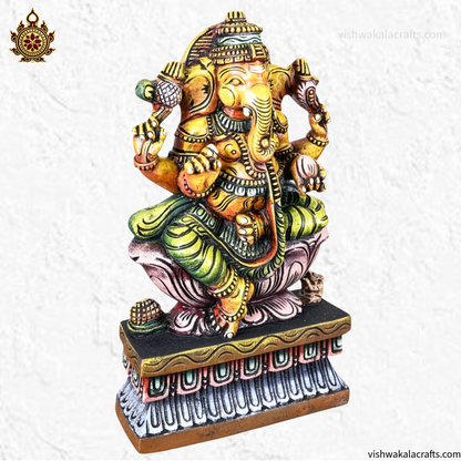 Traditional Antique Finish - Handcrafted Wooden Lord Ganesha Statue 18"