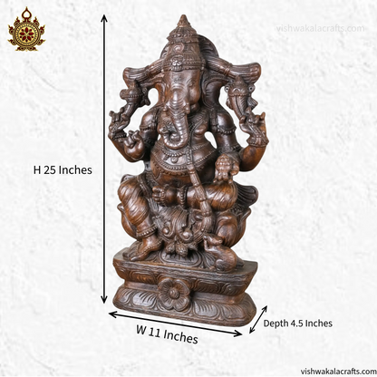 Handcrafted Wooden Ganesha Statue in Traditional Temple Setting