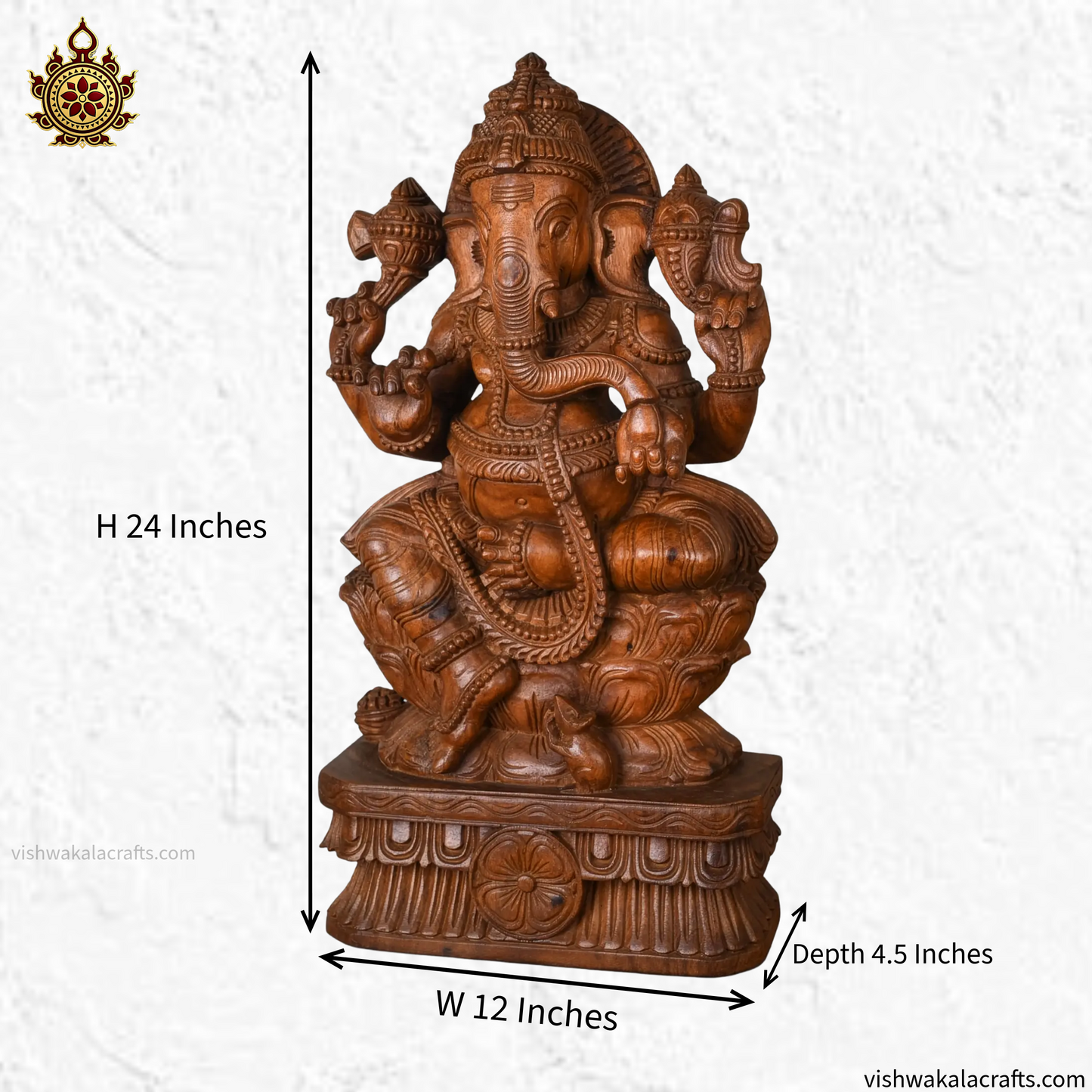 Handcrafted Wooden Lord Ganesha Statue on Lotus Pedestal 24"
