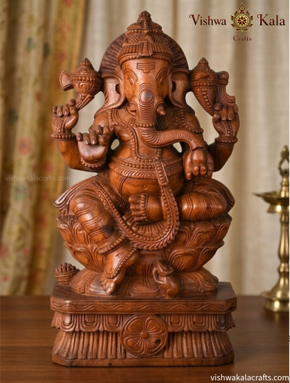 Handcrafted Wooden Lord Ganesha Statue on Lotus Pedestal 24"