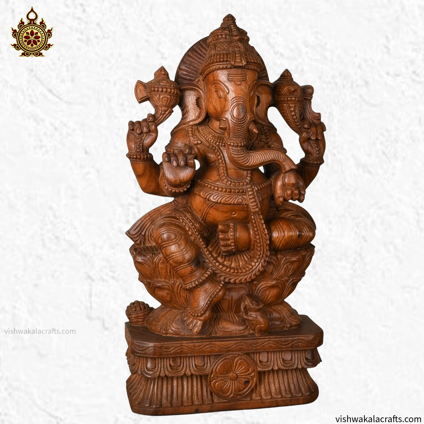 Handcrafted Wooden Lord Ganesha Statue on Lotus Pedestal 24"
