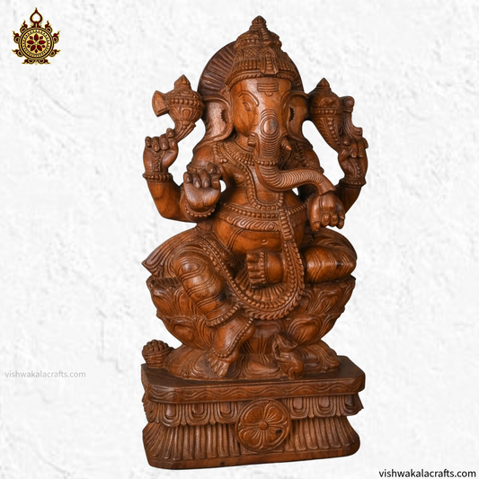 Handcrafted Wooden Lord Ganesha Statue on Lotus Pedestal 24"