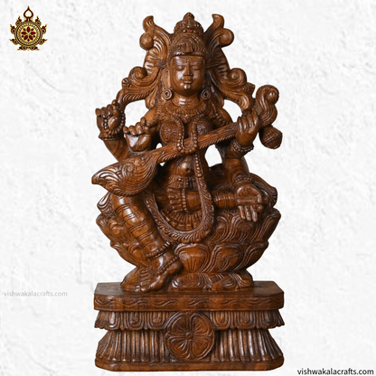 Wooden hand carved goddess Saraswati Idol with Veena 24"