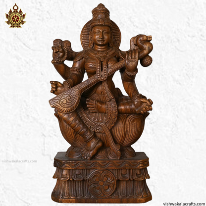 Goddess Saraswathi Wooden Handcarved statue 24"