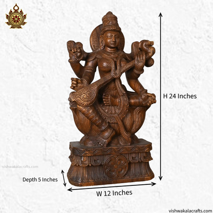 Goddess Saraswathi Wooden Handcarved statue 24"