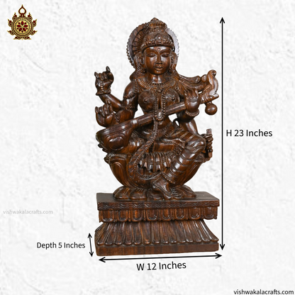 Saraswati Devi Wooden Handcarved statue-23"