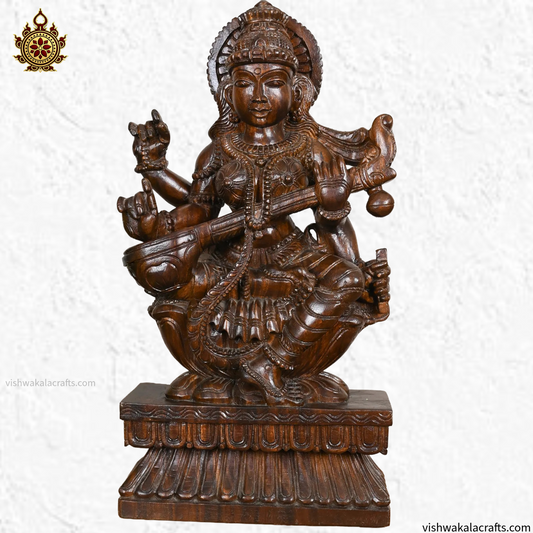 Saraswati Devi Wooden Handcarved statue-23"