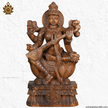 Goddess Saraswati Devi Playing Veena Handcarved statue 2 Ft