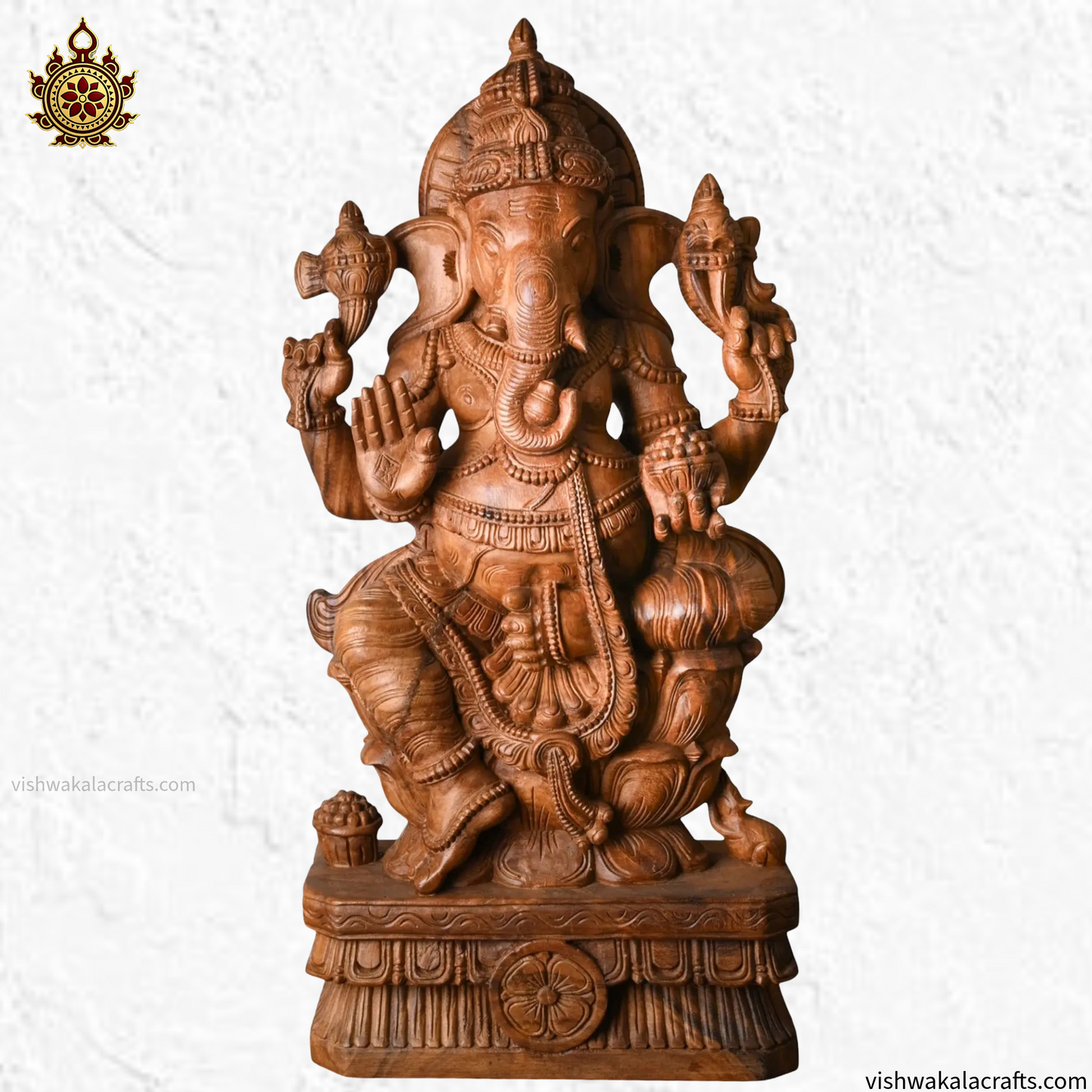 Handcrafted Wooden Seated Ganesha on Lotus Pedestal - Statue (3 feet)