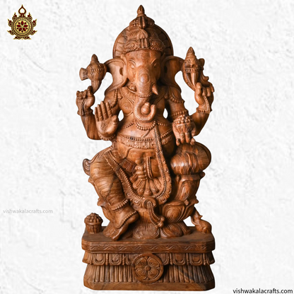 Handcrafted Wooden Seated Ganesha on Lotus Pedestal - Statue (3 feet)