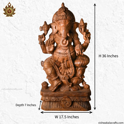 Handcrafted Wooden Seated Ganesha on Lotus Pedestal - Statue (3 feet)