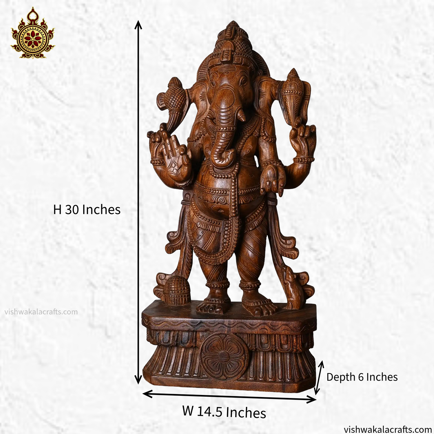 Handcrafted Wooden Ganesha Statue Intricately Carved Standing Lord Ganesha (30 Inches)