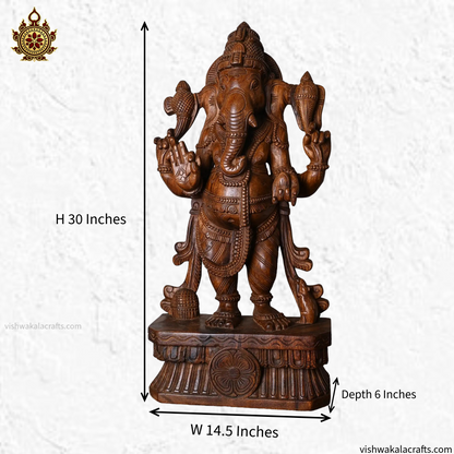 Handcrafted Wooden Ganesha Statue Intricately Carved Standing Lord Ganesha (30 Inches)