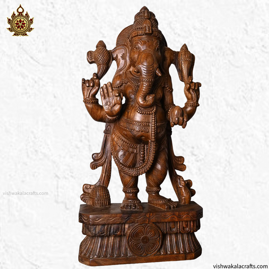 Handcrafted Wooden Ganesha Statue Intricately Carved Standing Lord Ganesha (30 Inches)