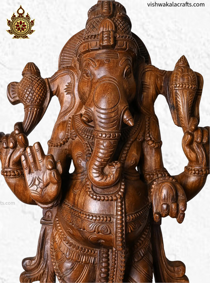 Handcrafted Wooden Ganesha Statue Intricately Carved Standing Lord Ganesha (30 Inches)