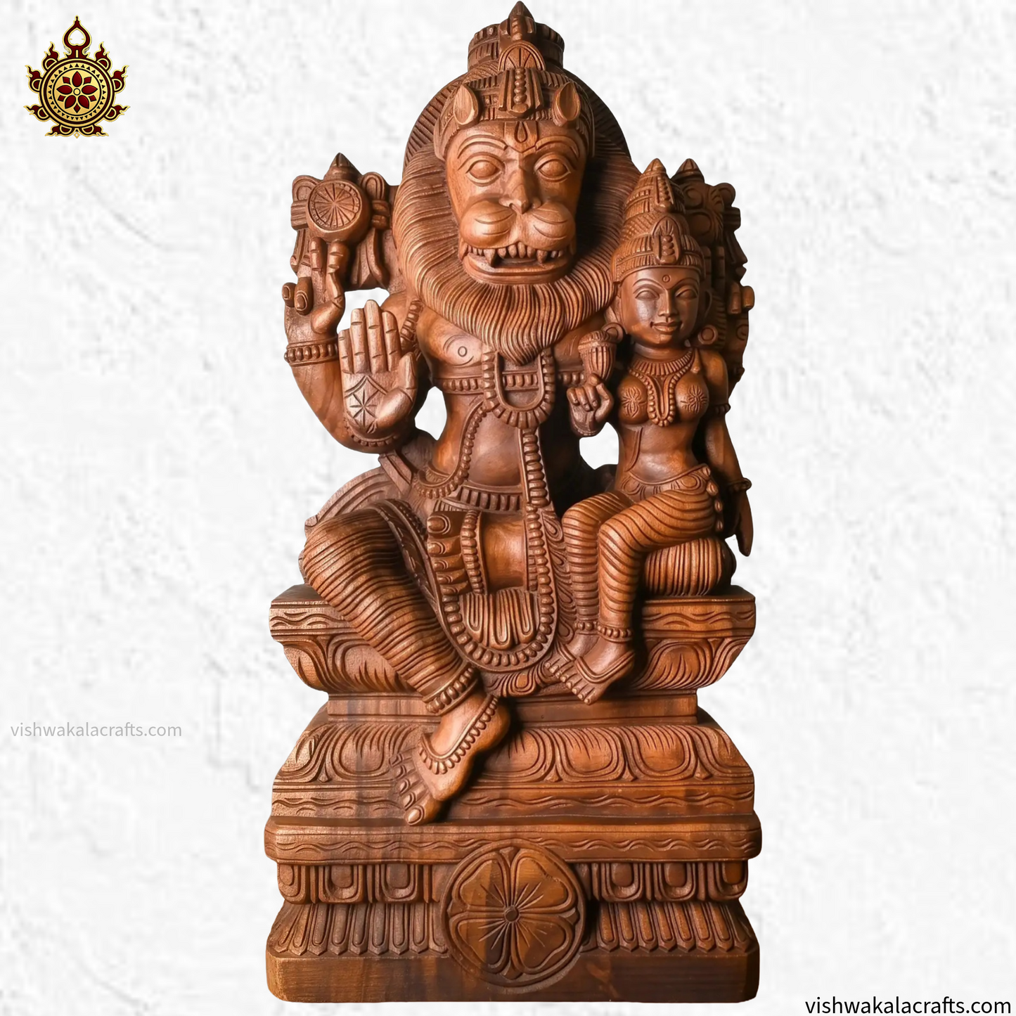 Handcrafted Wooden Lord Narasimha with Goddess Lakshmi Devi Sculpture (35 Inches)