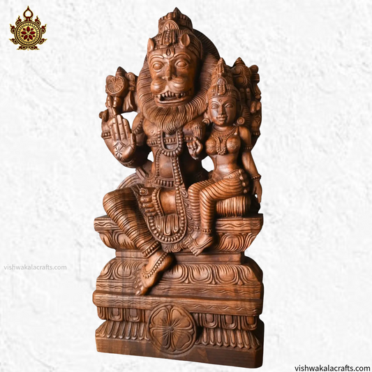 Handcrafted Wooden Lord Narasimha with Goddess Lakshmi Devi Sculpture (35 Inches)