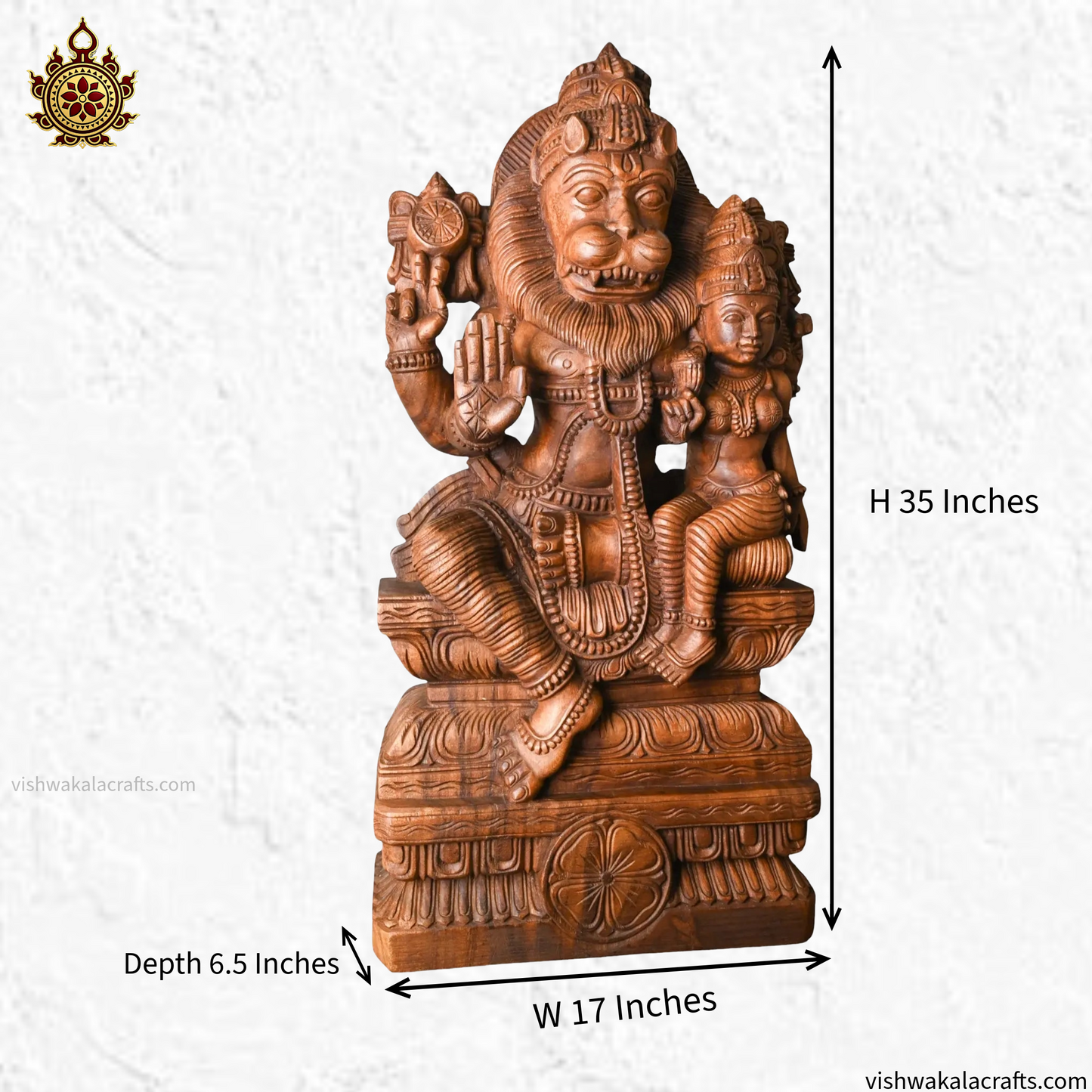 Handcrafted Wooden Lord Narasimha with Goddess Lakshmi Devi Sculpture (35 Inches)