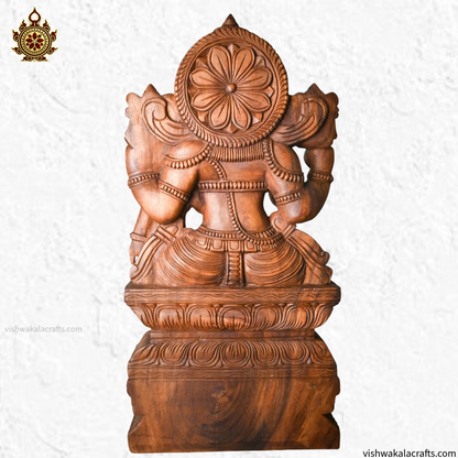 Handcrafted Wooden Lord Narasimha with Goddess Lakshmi Devi Sculpture (35 Inches)