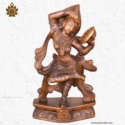 Handcrafted Wooden Apsara Looking into Mirror Sculpture (13 Inches)