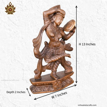 Handcrafted Wooden Apsara Looking into Mirror Sculpture (13 Inches)