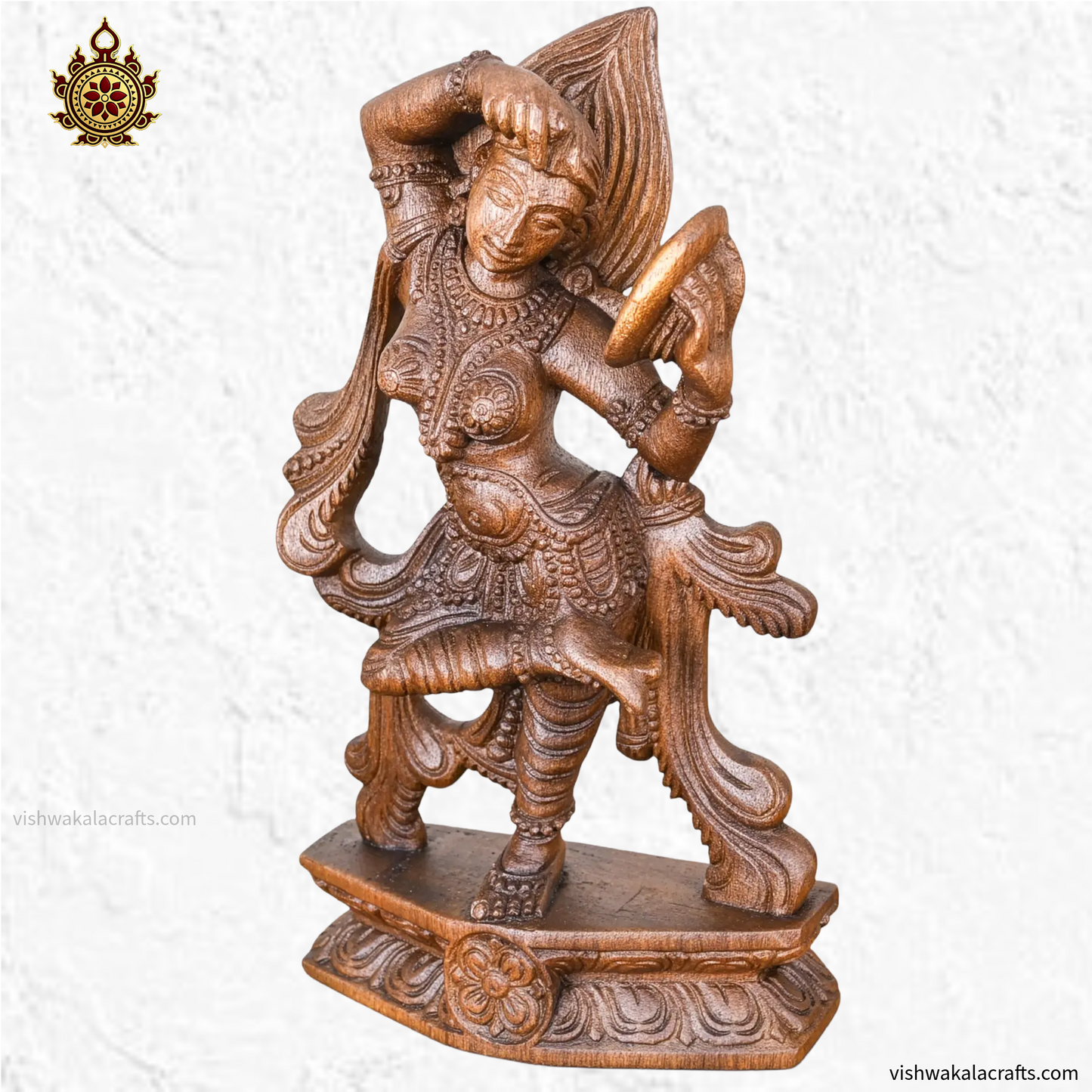 Handcrafted Wooden Apsara Looking into Mirror Sculpture (13 Inches)