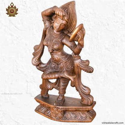 Handcrafted Wooden Apsara Looking into Mirror Sculpture (13 Inches)