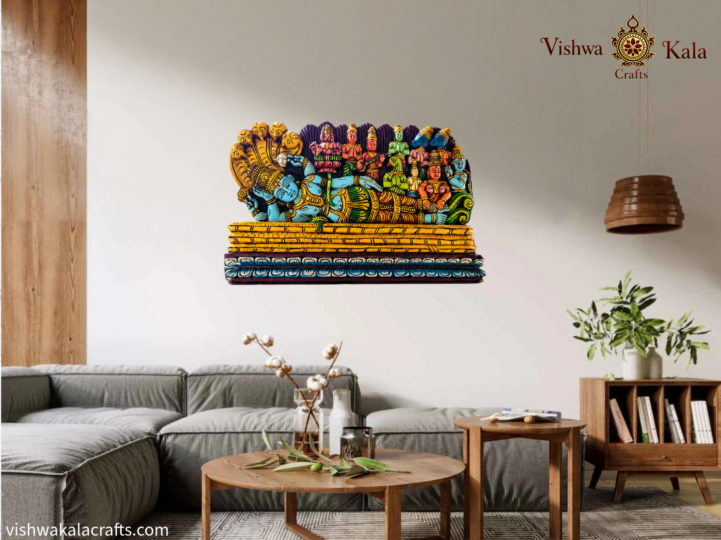 Ananthashayanam Vishnu Teakwood Horizontal Panel Hand-Carved (15x24x2)