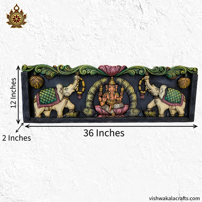 Gaja Ganesha wood carving wall panel Vaagai wood 36 Inches