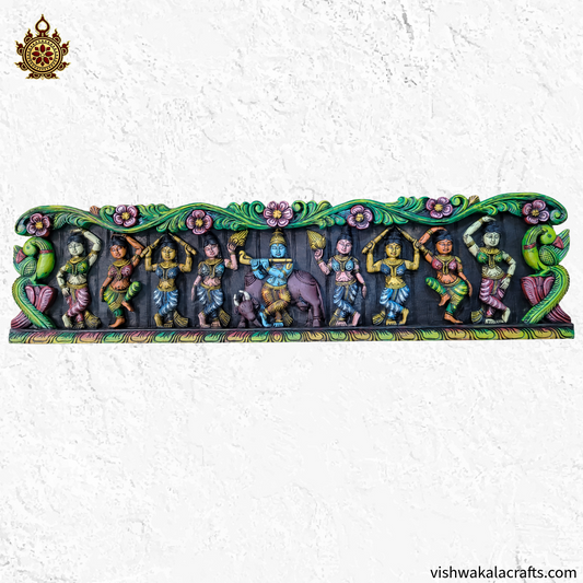 Krishna With Gopikas Wood Carving Wall Panel 48''