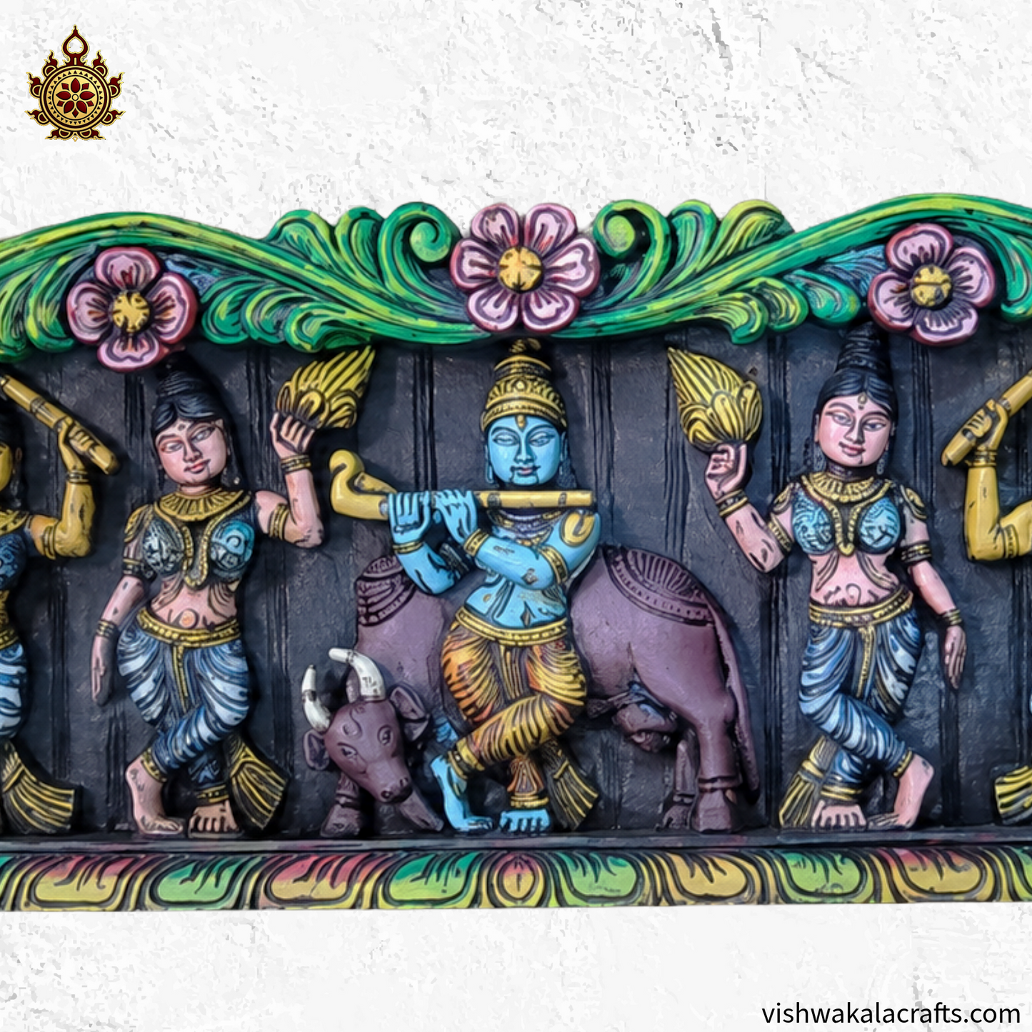 Krishna With Gopikas Wood Carving Wall Panel 48''