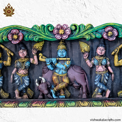 Krishna With Gopikas Wood Carving Wall Panel 48''