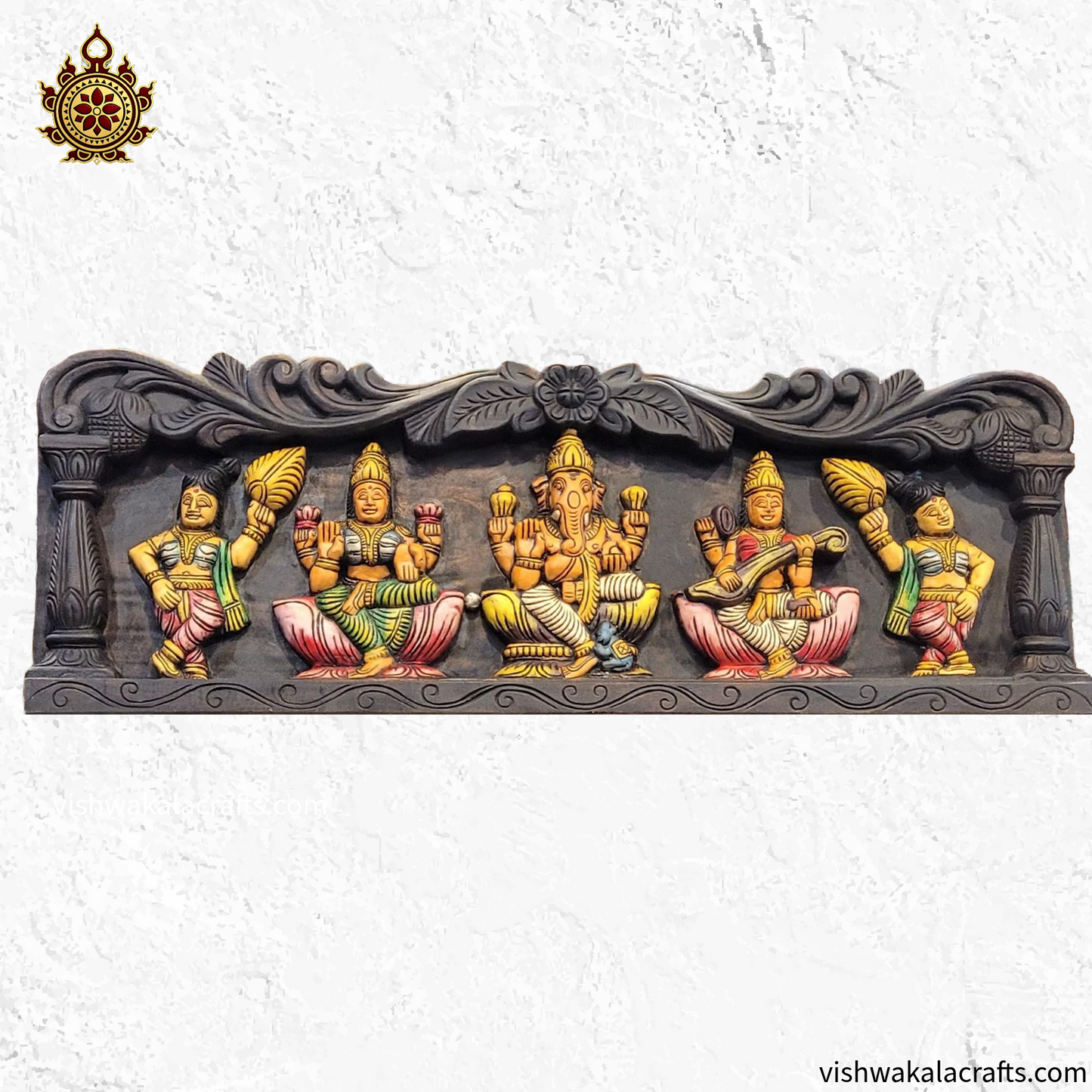 Ganesha Lakshmi Saraswathi Wooden wall panel 34-Inch