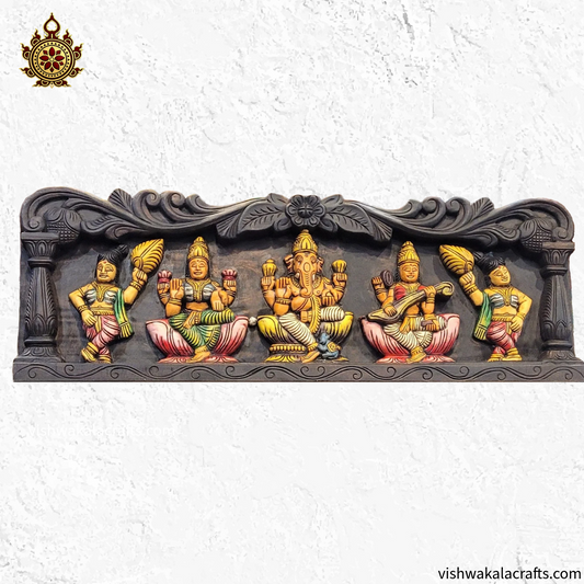Ganesha Lakshmi Saraswathi Wooden wall panel 34-Inch