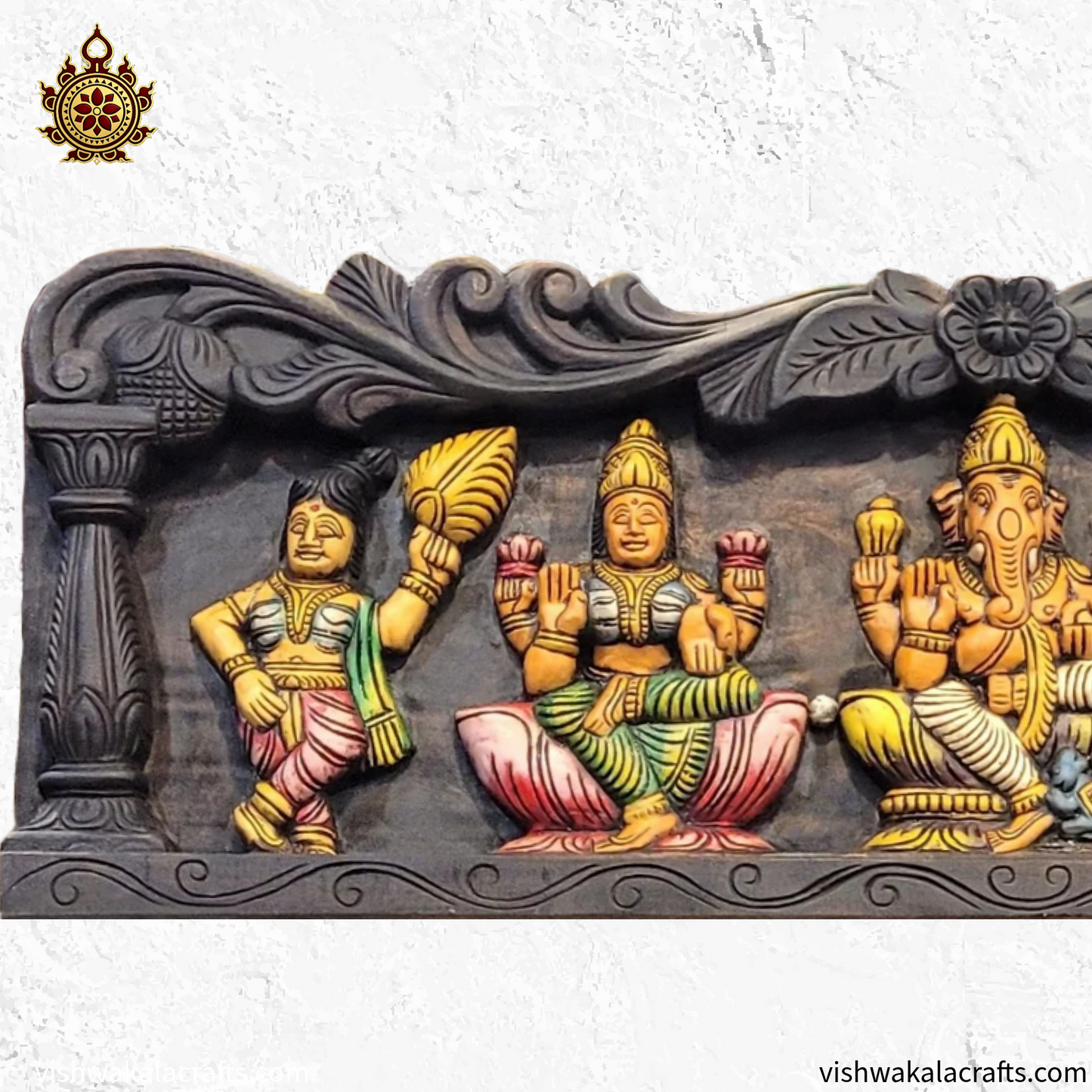 Ganesha Lakshmi Saraswathi Wooden wall panel 34-Inch