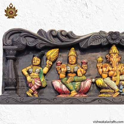 Ganesha Lakshmi Saraswathi Wooden wall panel 34-Inch