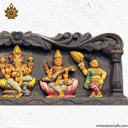 Ganesha Lakshmi Saraswathi Wooden wall panel 34-Inch