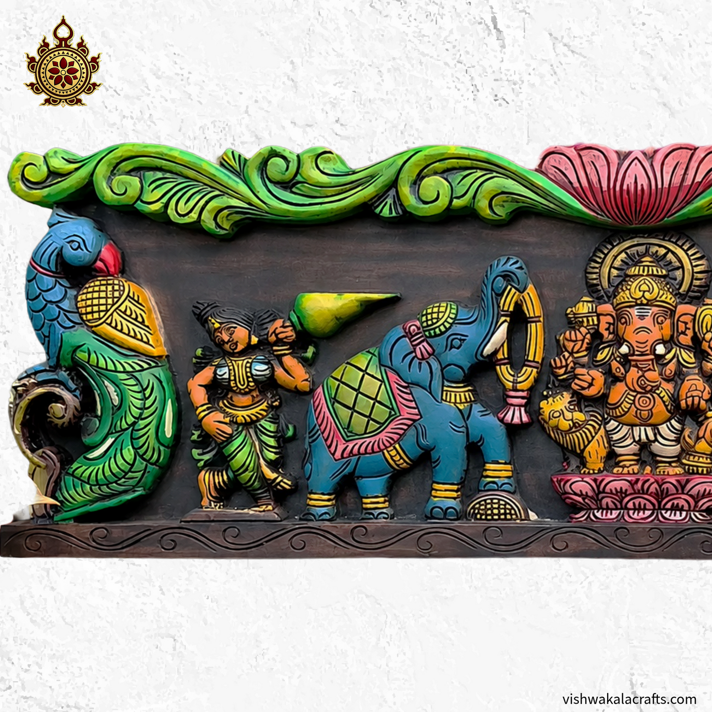 Ganesha With Lion, Elephants and Peacocks 36'' Wall Panel