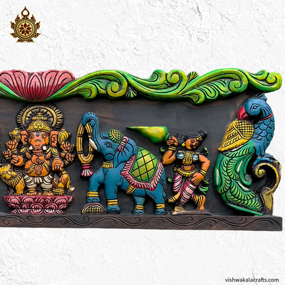 Ganesha With Lion, Elephants and Peacocks 36'' Wall Panel