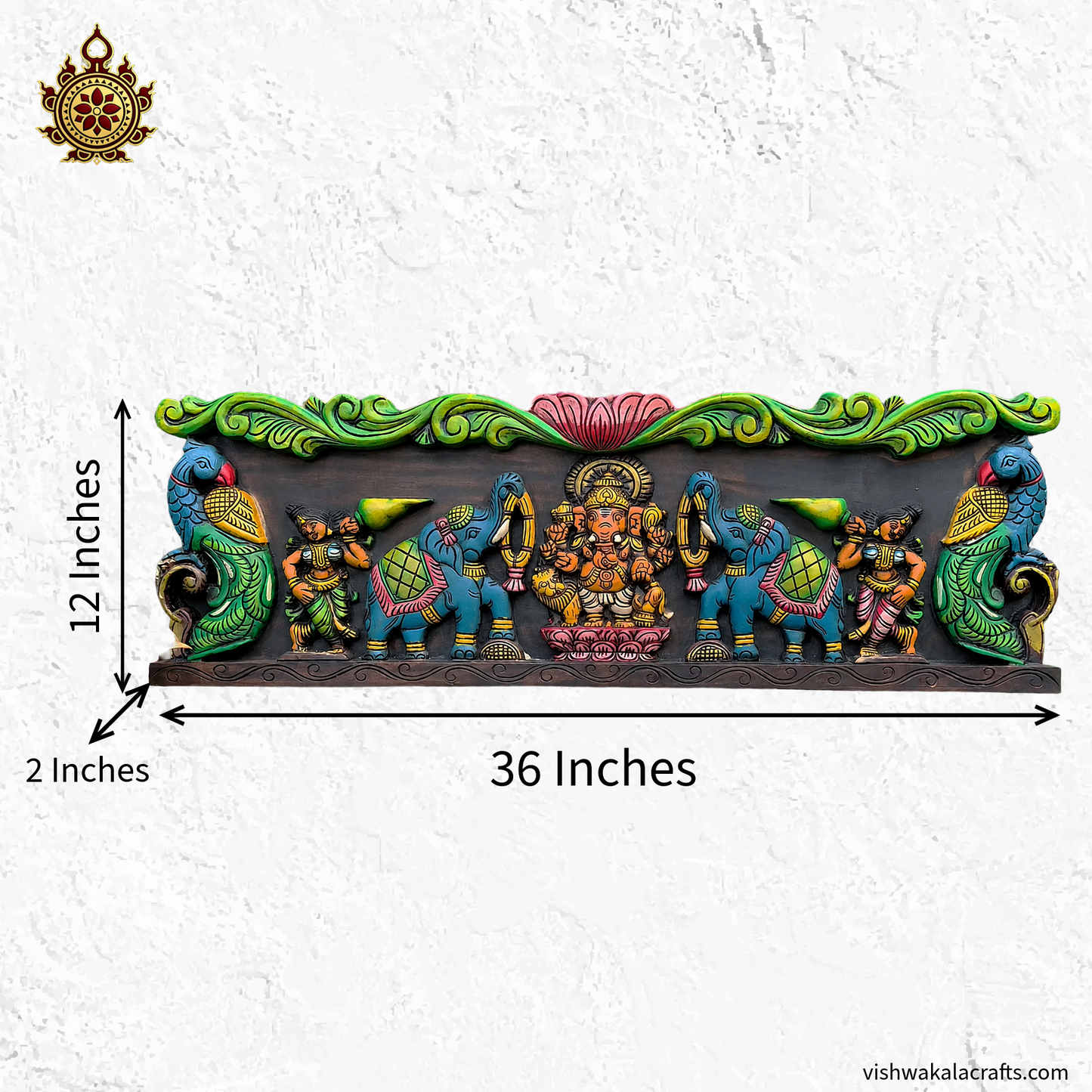 Ganesha With Lion, Elephants and Peacocks 36'' Wall Panel