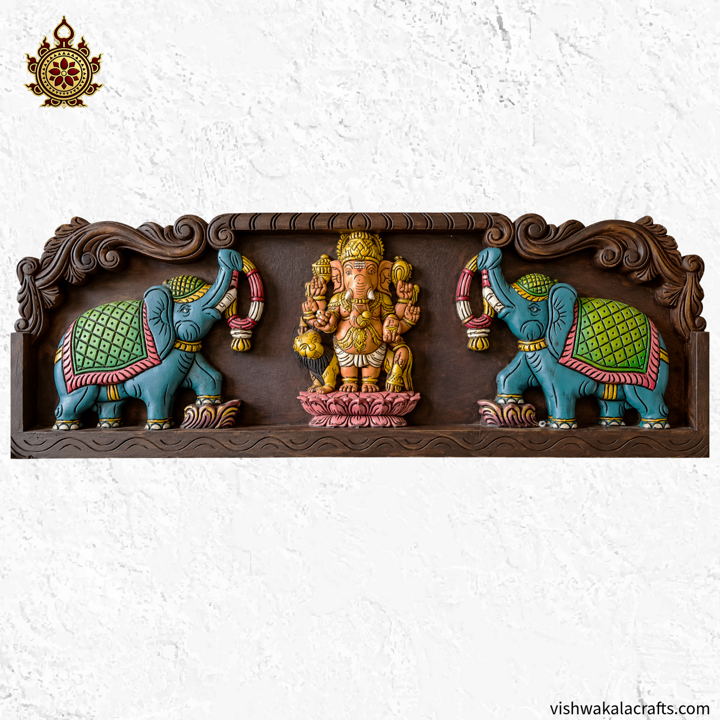 Ganesha With Lion and Double Elephant 36" Wall panel