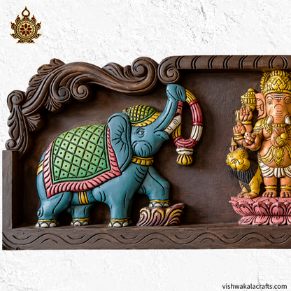 Ganesha With Lion and Double Elephant 36" Wall panel