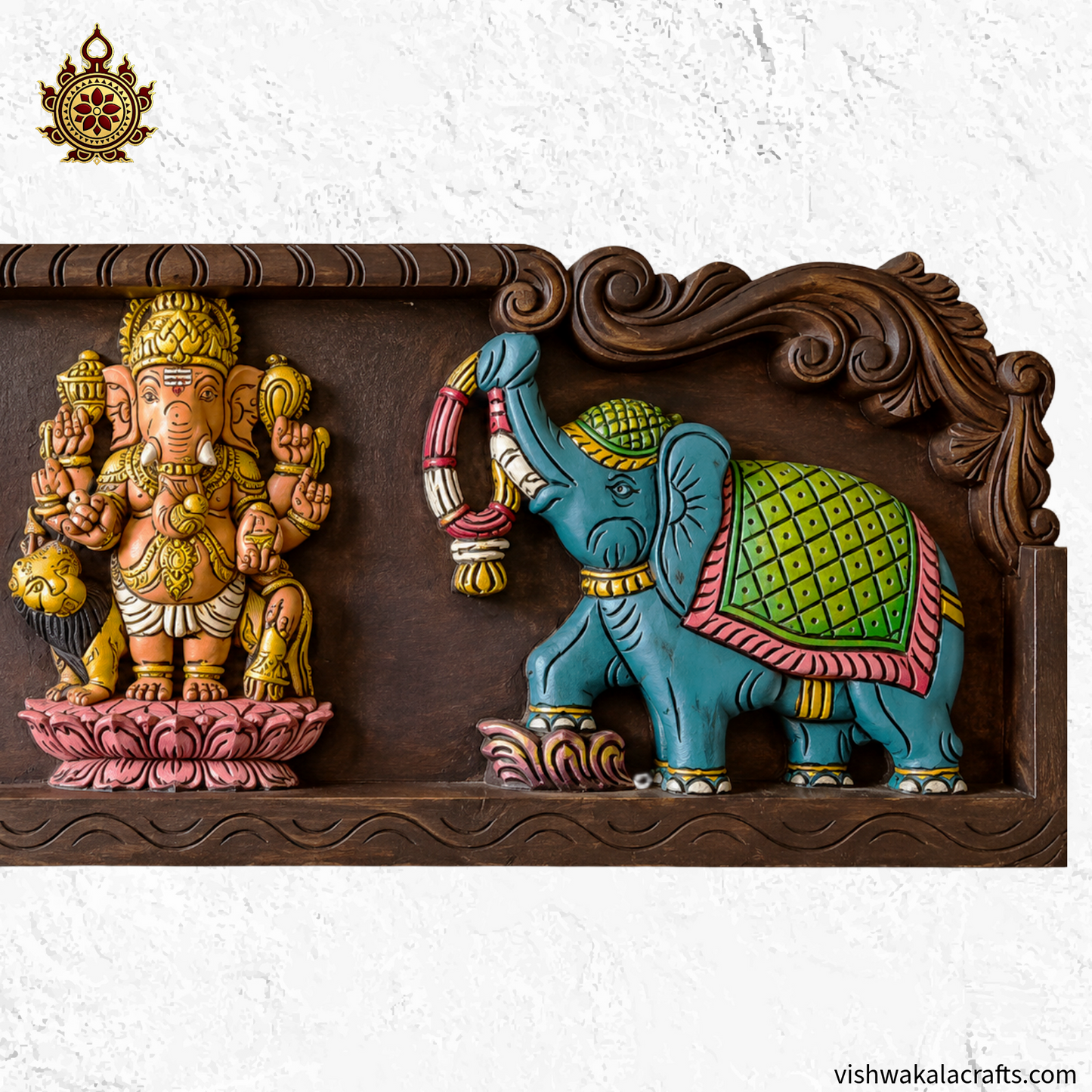 Ganesha With Lion and Double Elephant 36" Wall panel