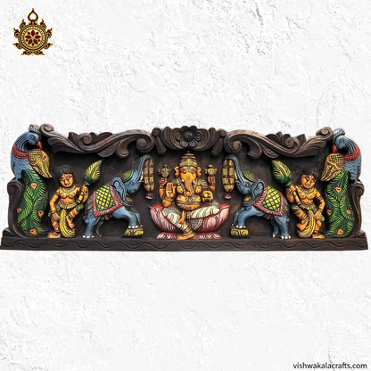 Gaja Ganesha With Double Peacock & Elephant Wall Panel