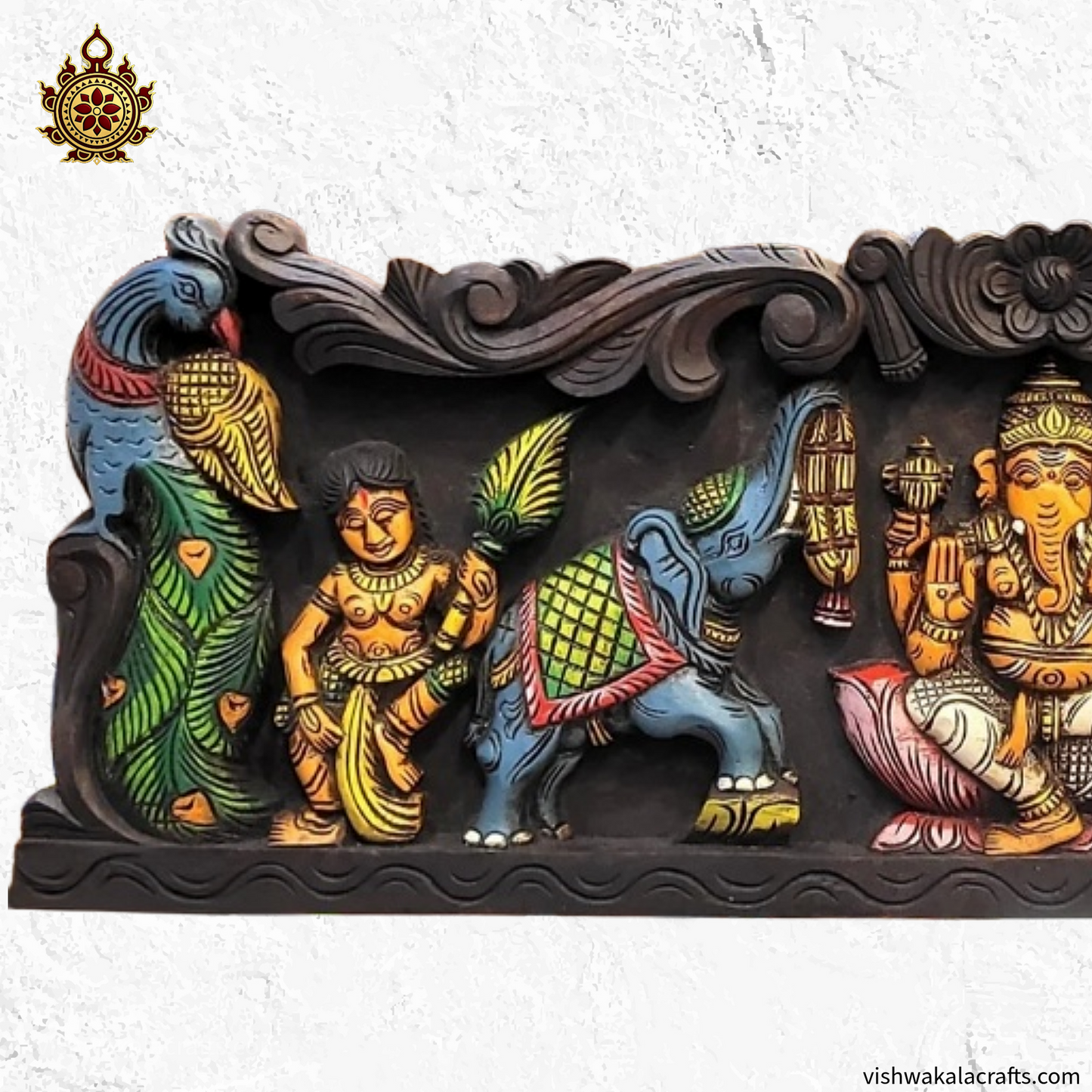 Gaja Ganesha With Double Peacock & Elephant Wall Panel