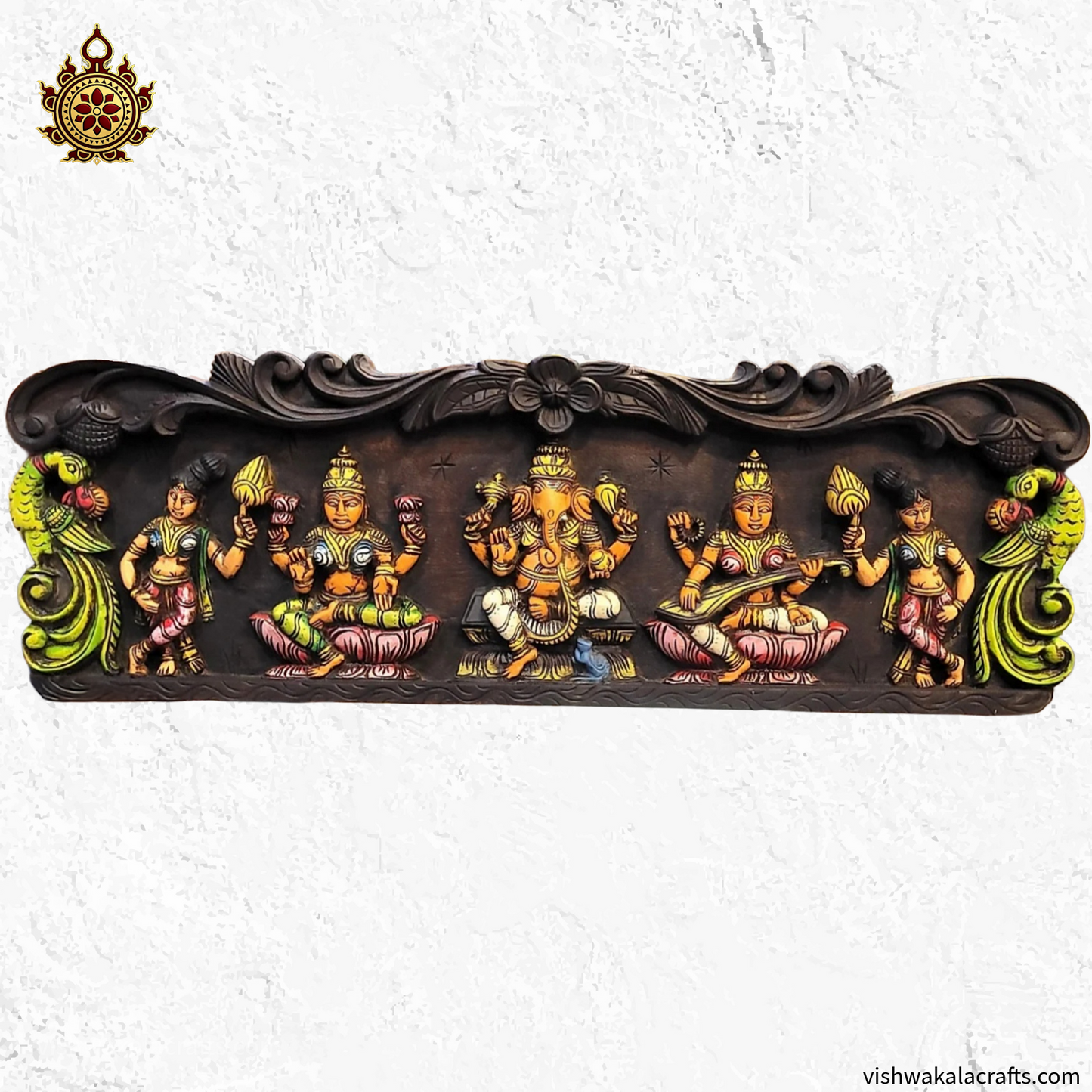 Ganesha Lakshmi Saraswathi With Double Parrot Wooden Wall panel