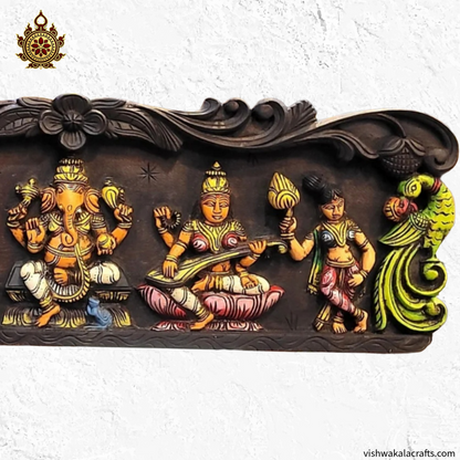 Ganesha Lakshmi Saraswathi With Double Parrot Wooden Wall panel
